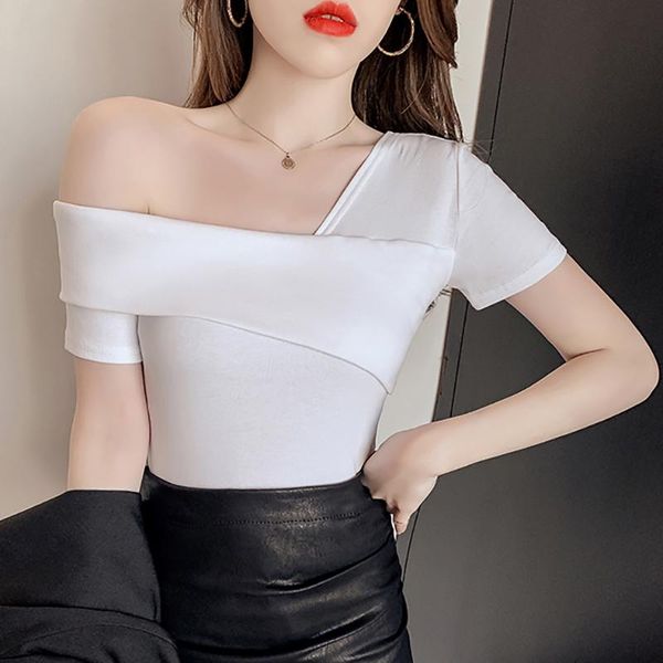 

women's t-shirt white off shoulder t shirt female cotton women short sleeve skew collar tshirt elasticity slim tees 2021 summer top