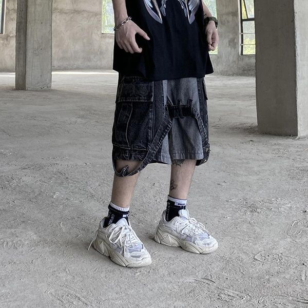 

men's jeans eukaaru hip hop shorts high street elastic waist denim half trousers loose wide leg streetwear pants, Blue