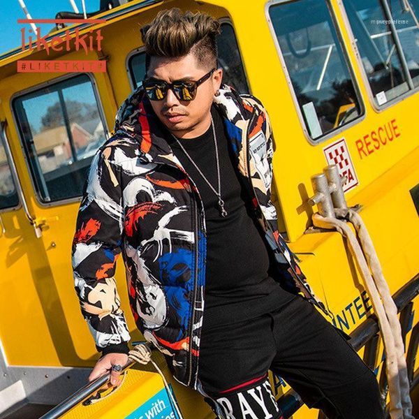 

men's down & parkas liketkit winter male pattern print camo thick hooded jackets windbreaker mens casual warm outwear plus size 6, Black