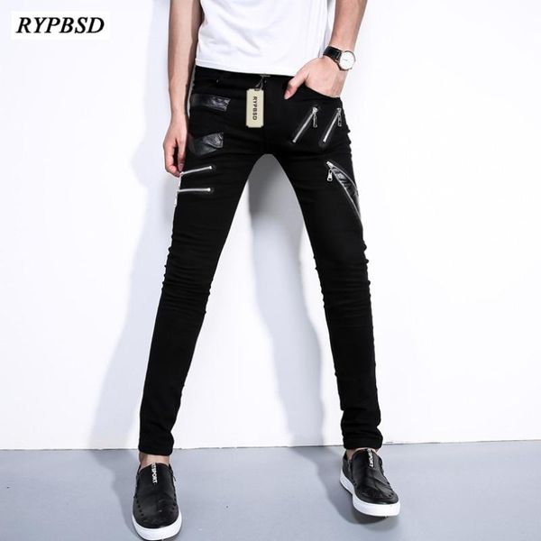 

spring autumn fashion zipper design leather patchwork pants men hip hop sportswear slim fit white skinny trousers men's, Black