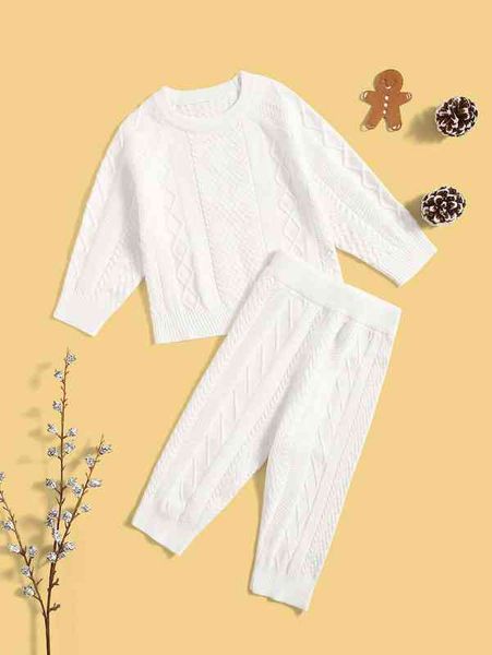 

baby raglan sleeve cable knit sweater & knit pants she, White