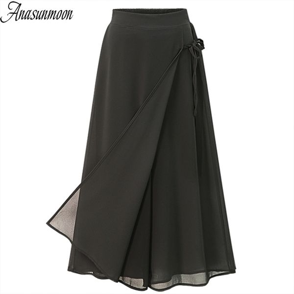 ANASUNMOON Sommer Europäischen Stil Plus Größe 5XL Frauen Hosen Beiläufige Lose Chiffon Kalb-Länge Hosen Schwarz Breite Bein Damen hose 211115