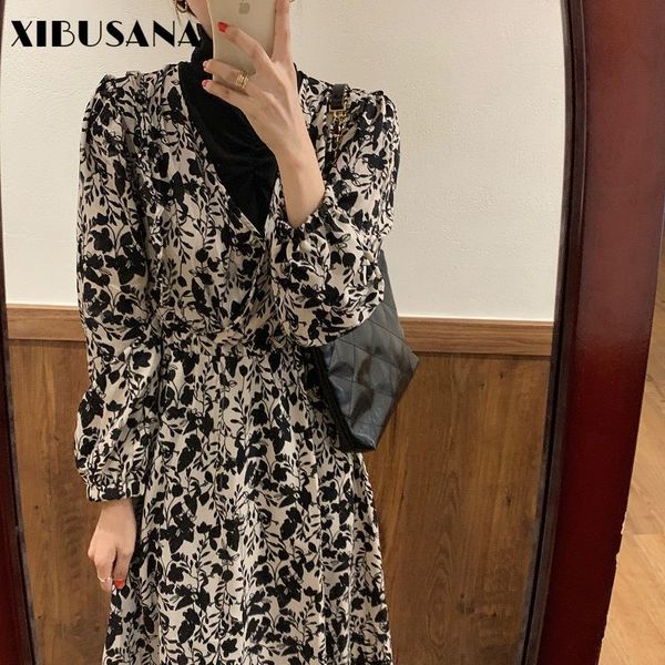 

french retro chic women patchwork dresses spring long sleeve turtlenck floral printed maxi mujer vestidos plus size 210423, Black;gray