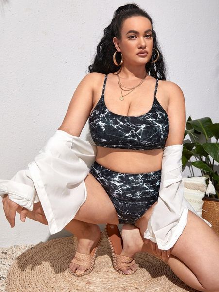 

plus marble print high waisted bikini swimsuit z44q#, Black