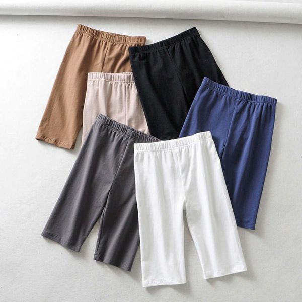 

women cotton high waist elastic pure color slim knee-length biker shorts female, White;black