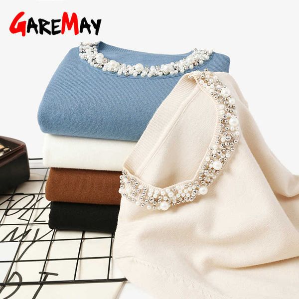 

autumn winter pearl beaded women long sleeve sweaters knitted white black knitwear slim-fit luxury designer sweater women 210928