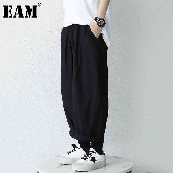 

[eam] high elastic waist black pocket casual trousers loose fit cargo pants women fashion spring summer 1dd8332 210512, Black;white