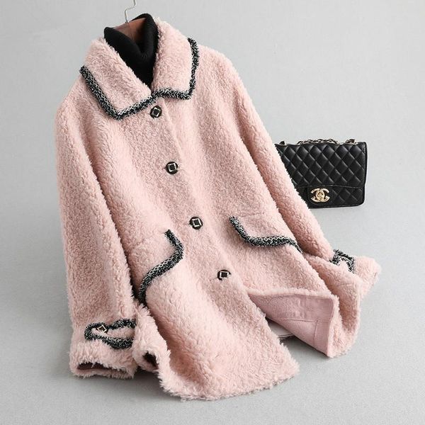 

women's fur & faux real coat female sheep shearling jacket winter women clothes 2021 wool pink korean jackets my4560, Black
