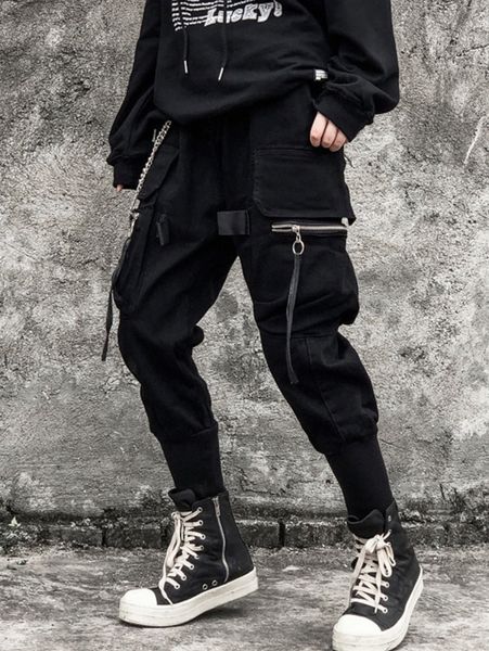 

men flap pocket drawstring waist pants 766s#, Black