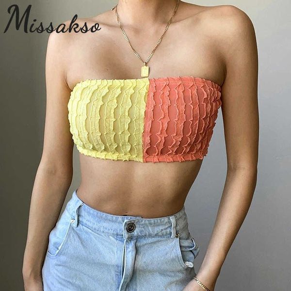 

missakso skinny patchwork knit crop party club women fashion backless off shoulder sleeveless strapless tank 210625, White