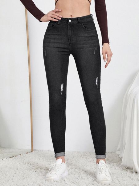 

high waist ripped detail skinny jeans 7537#, Blue