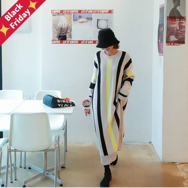 

autumn and winter large size long sweater dress women loose striped knitted korea style casual knit dresses 2021, Black;gray