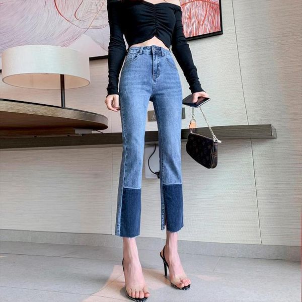 

high waisted straight pants women jeans split hem micro flared denim ankle length for, Blue