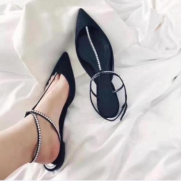 

dress shoes black suede t-bar women sandals cut-out pointed toe crystal ankle strap low heels customized drop ship