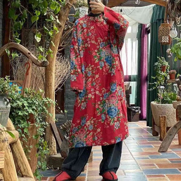 

johnature women chinese style red dresses stand long sleeve cotton print floral robes spring thick a-line button dress 210521, Black;gray