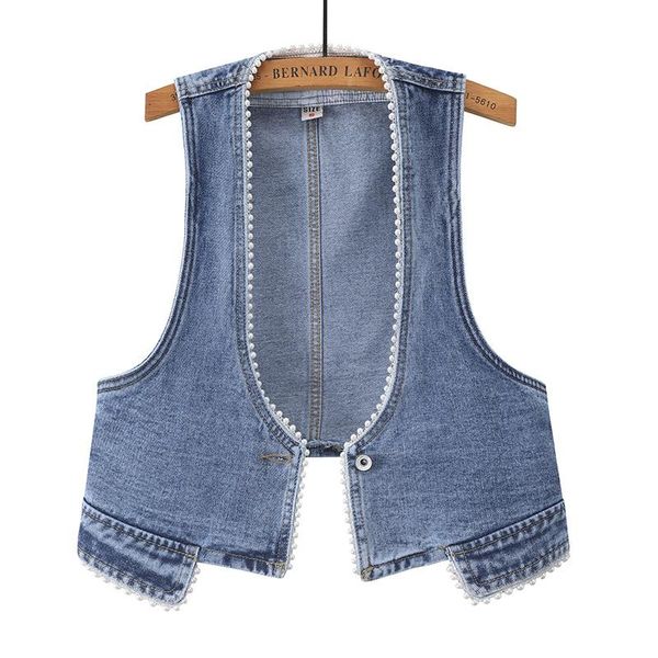 

women's vests beaded v-neck denim vest candigan outerwear mini women casual streetwear, Black;white