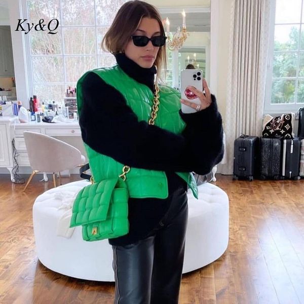 

women's vests green pu leather checkered embossed waistcoat woman versatile fashion casual ins o neck vest sleeveless jacket 2021 autum, Black;white