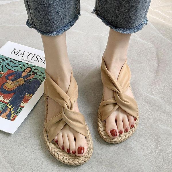 

sandals shoes woman retro female ins wild linen texture summer fashion lace flat beach khaki black
