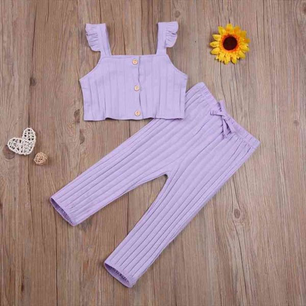 

girls two piece set summer childrens ribbed knit vest solid color flying sleeve elastic waistband trousers, White
