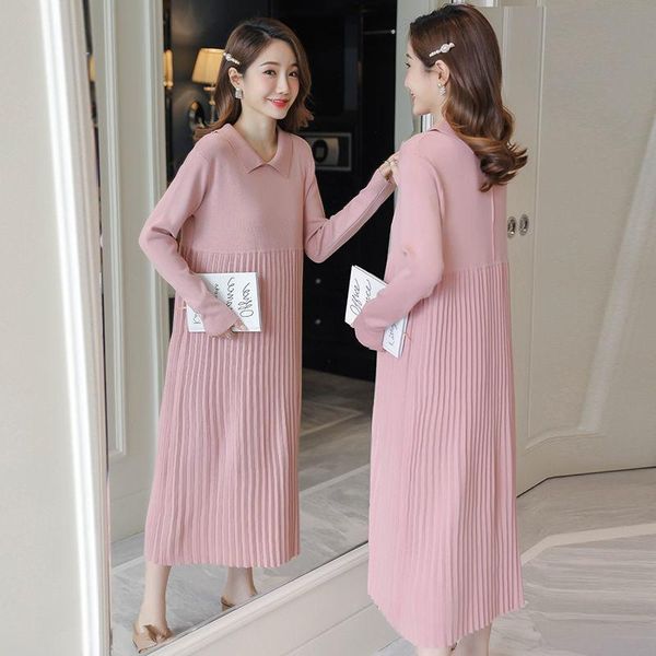 

maternity dress autumn and winter clothes knit sweater casual pregnant woman comfortable solid color dresses, White