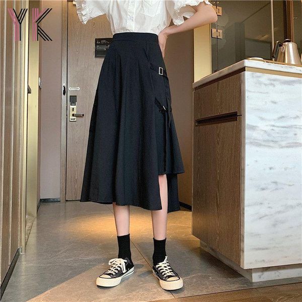 

skirts irregular elastic high waist solid color midi skirt gothic fashion harajuku long 2021 black casual punk women saia