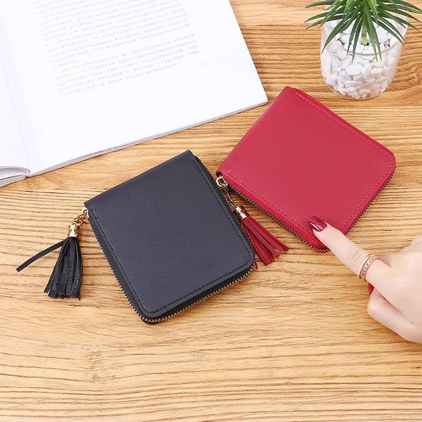 

wallets women coin purse fashion tassel credit id card holder zipper purses wallet ladies solid casual concise, Red;black