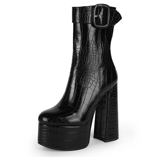 

fashion platform high heels calf boots women party shoes round toe buckle summer winter short black brown 2021
