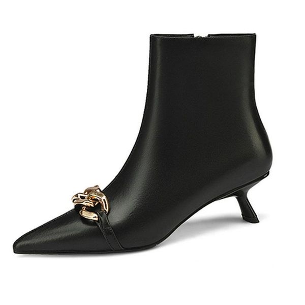 

boots elegant genuine leather ladies ankle metal decoration zipper high heels shoes women wedding party woman, Black