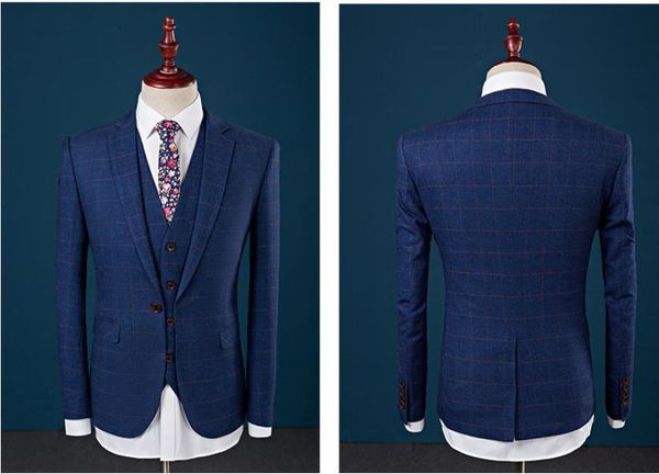 

men's suits & blazers suit grid wool slim fit leisure wedding dress man business men coat blazers(jacket+pant+vest) costume homme, White;black