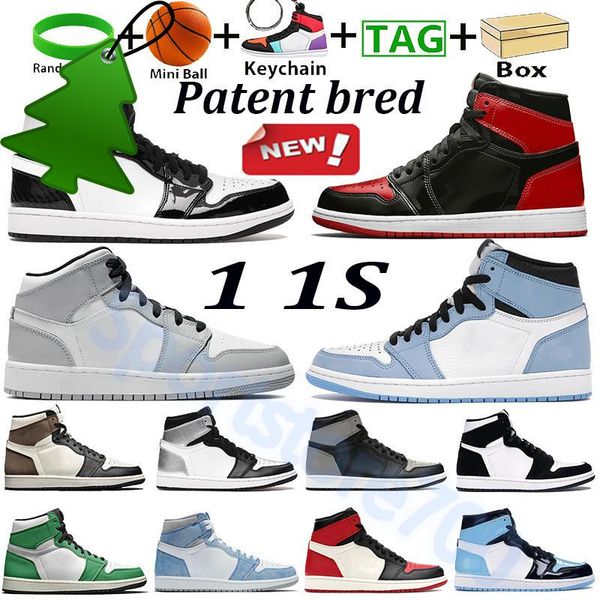 

with box patent bred 1 1s trend basketball shoes university blue high dark mocha mid light smoke grey silver toe shadow men women sports p, Black