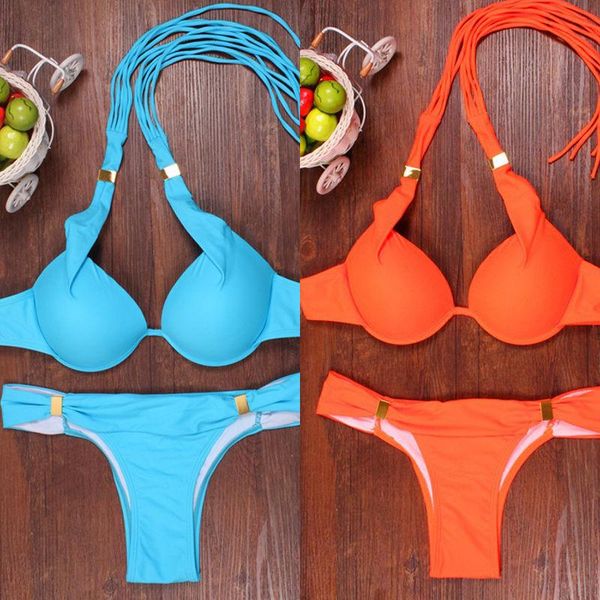 

women's swimwear 2021 2 pieces bikini set padded bra push up solid color swimsuit bathing costume fringed string, White;black