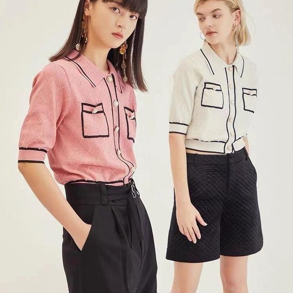 

spring and summer fashion lapel casual knitted cardigan women bump small coat loose t-shirt temperament socialite women's polos, White
