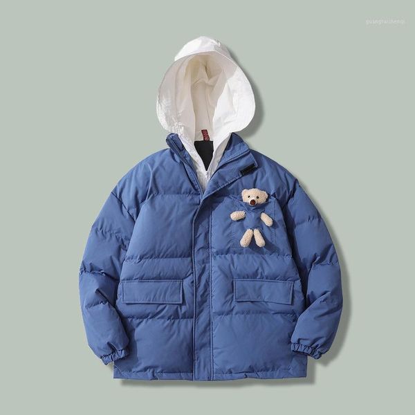 

men's down & parkas harajuku little bear patchwork hooded parka men 2021 hip-hop streetwear loose winter thicken couple oversize coats, Black