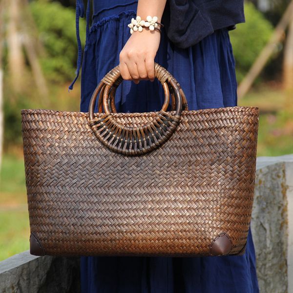 

straw bamboo woven bag brown stuff sackstotes straw rattan women's leisure vacation beach hand big