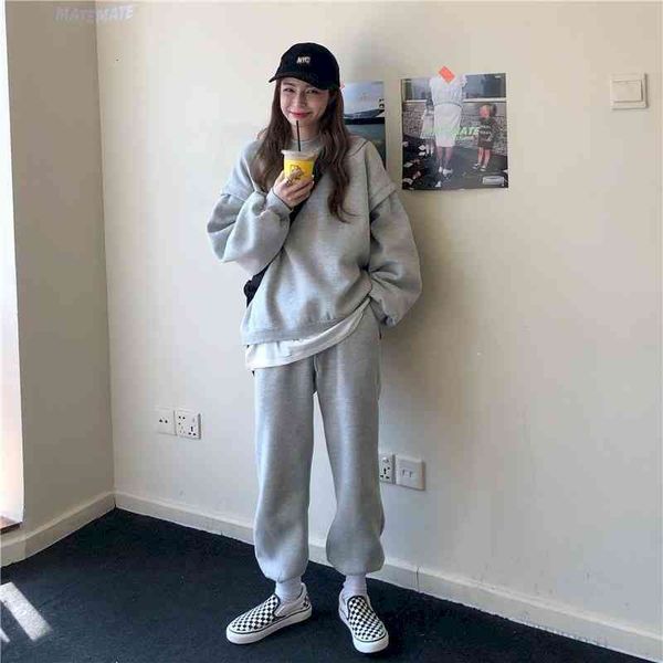 

women's fur & faux gray sports suit autumn winter korean students loose velvet casual pants leisure sweatshirt plus size clothing ibq3, Black