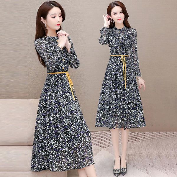 

casual dresses 2021 summer woman fashion long sleeve female chiffon mid print a-line dress lady elegant vintage party clothing h12, Black;gray
