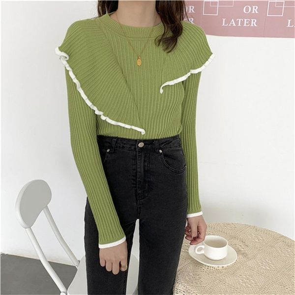 

ruffles design korean ladies sweater knitted stitching fashion pullover basic bottoming spring autumn warm female women's sweaters, White;black