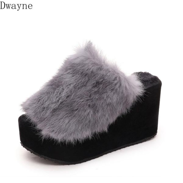 

slippers fleece female winter 2021 thick bottom fur wedges with muffin wear shoes, Black