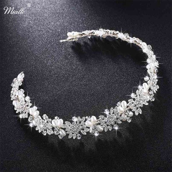 

miallo luxury clear crystal bridal hair vine pearls wedding jewelry accessories headpiece women crowns pageant hs-j4506 210707, Silver