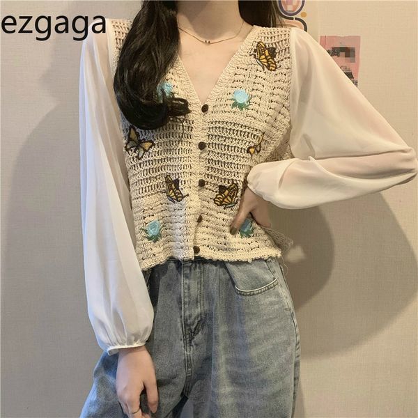 

ezgaga patchwork knitted cardigan women autumn butterfly embroidery v-neck long sleeve button crop hollow out fashion 210430, White