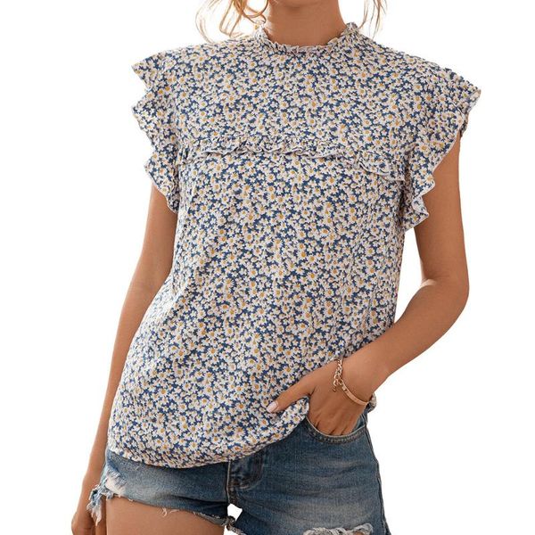 

women's t-shirt spring/summer 2021 loose little daisy -sleeved casual short-sleeved o-neck floral shirts, White