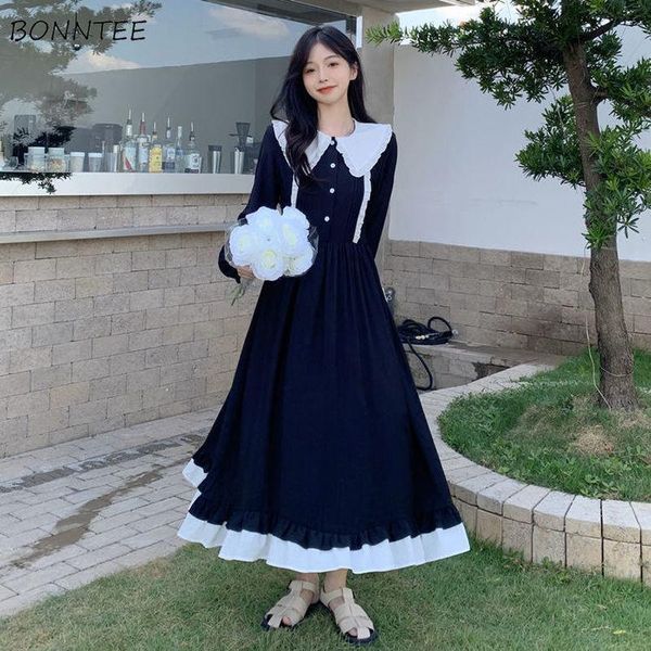

casual dresses long sleeve dress women panelled patchwork vintage tender fashion college all-match ladies mid-calf a-line vestido autumn ins, Black;gray