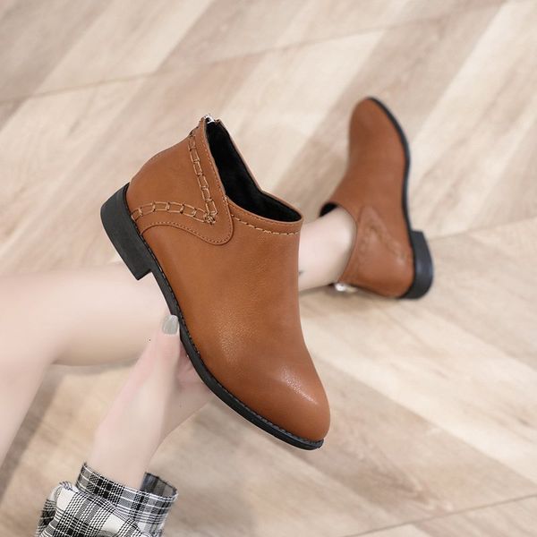 

large size fashion simple pointed deep mouth zipper pu solid color rubber square middle heel women's short boots, Black