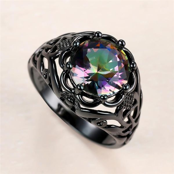 

vintage female rainbow round crystal ring charm 14kt black gold big wedding rings for women luxury hollow flower engagement, Slivery;golden