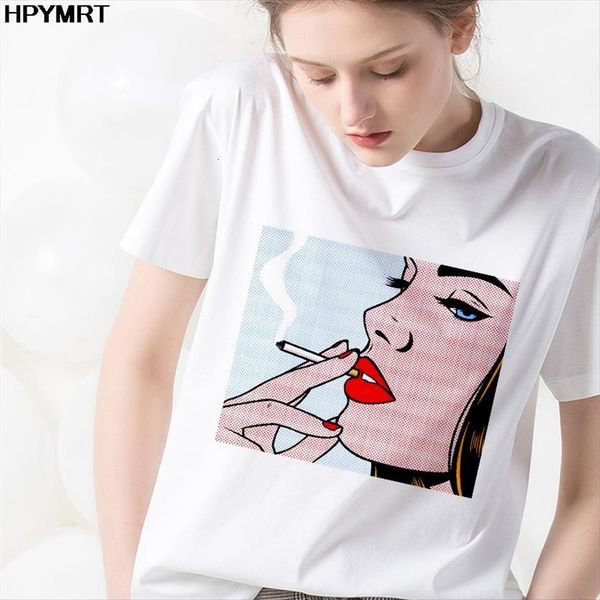 

smoking girl harajuku ulzzang graphic women t shirt summer fashion cool tees femme clothing, White