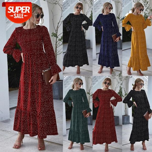 

woman polka dot floral dress puff sleeve round neck mid-waist loose fitting long autumn casual elegant one-piece clothes #lr7e, White;black