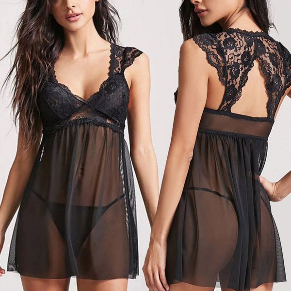 

perspective net gauze lingerie sets ladies erotic fork nightdress sleeveless pyjamas black underwear temptation, Black;white