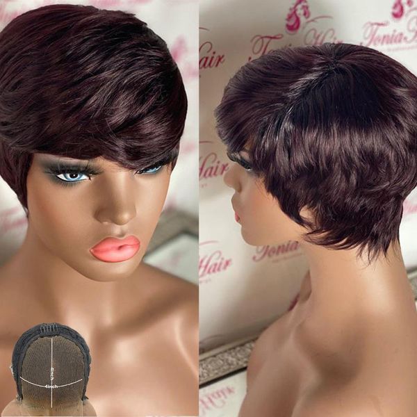 

atina red 99j burgundy 4x4 lace closure wig human hair colored short bob glueless straight pixie cut 150 density atina1, Black;brown