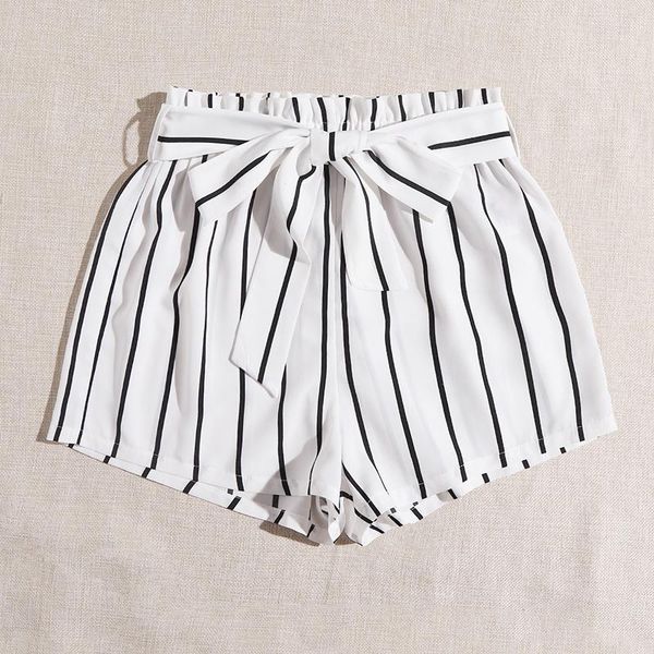 

women's shorts striped belted summer casual short trousers cute women high waist sashes office ladies wide leg thin pants, White;black