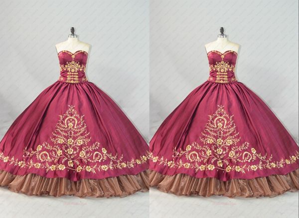 

2022 fashion wine red gold embroidered mexican quinceanera dresses ball gown charra xv satin sequins crystal corset vestido de 15 anos prom, Blue;red